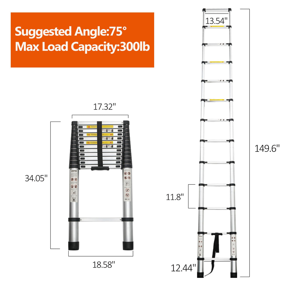 12.5FT Aluminum Telescoping Ladder 300 lbs J718