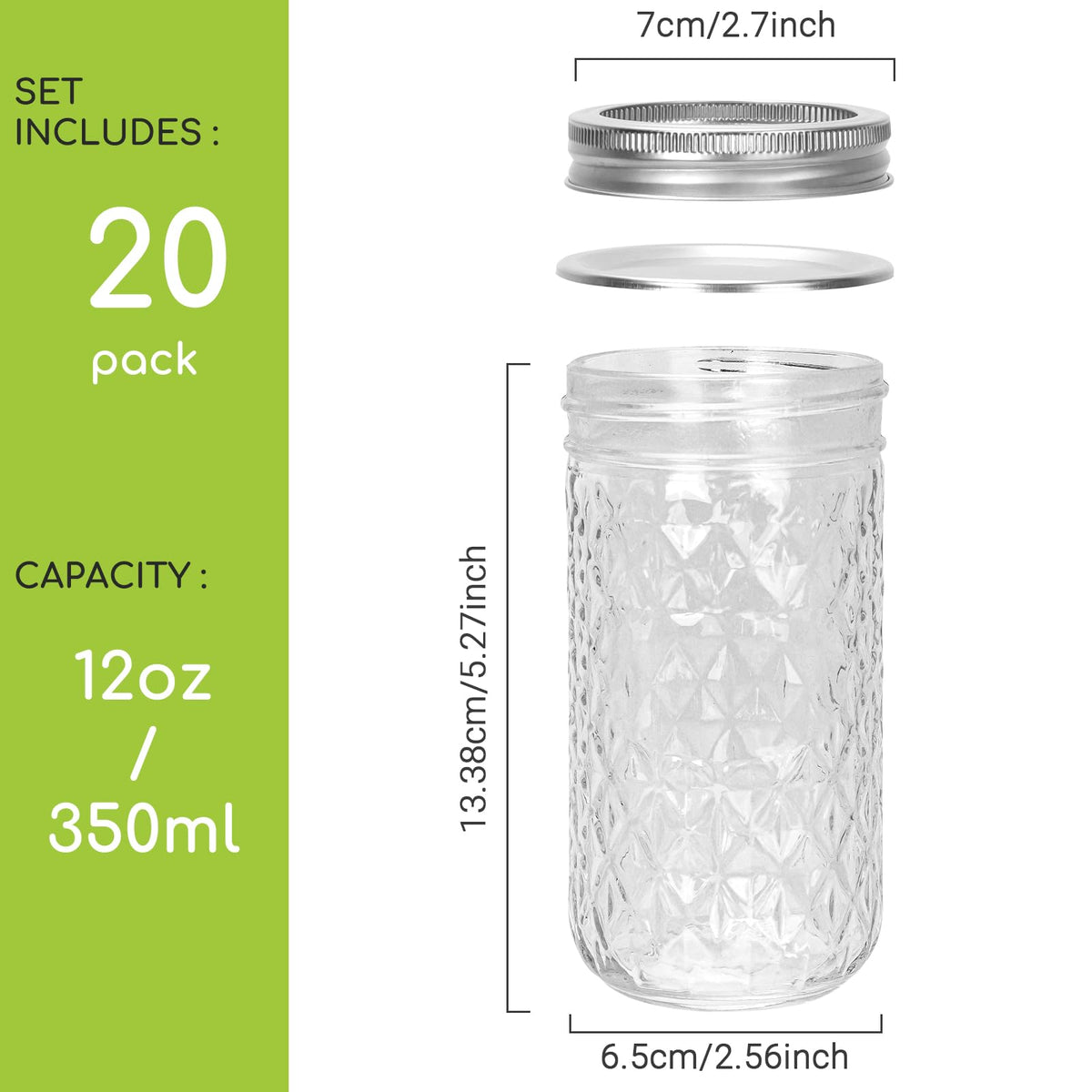 12 oz Regular Mouth Glass Mason Jar 20 Pack F2508