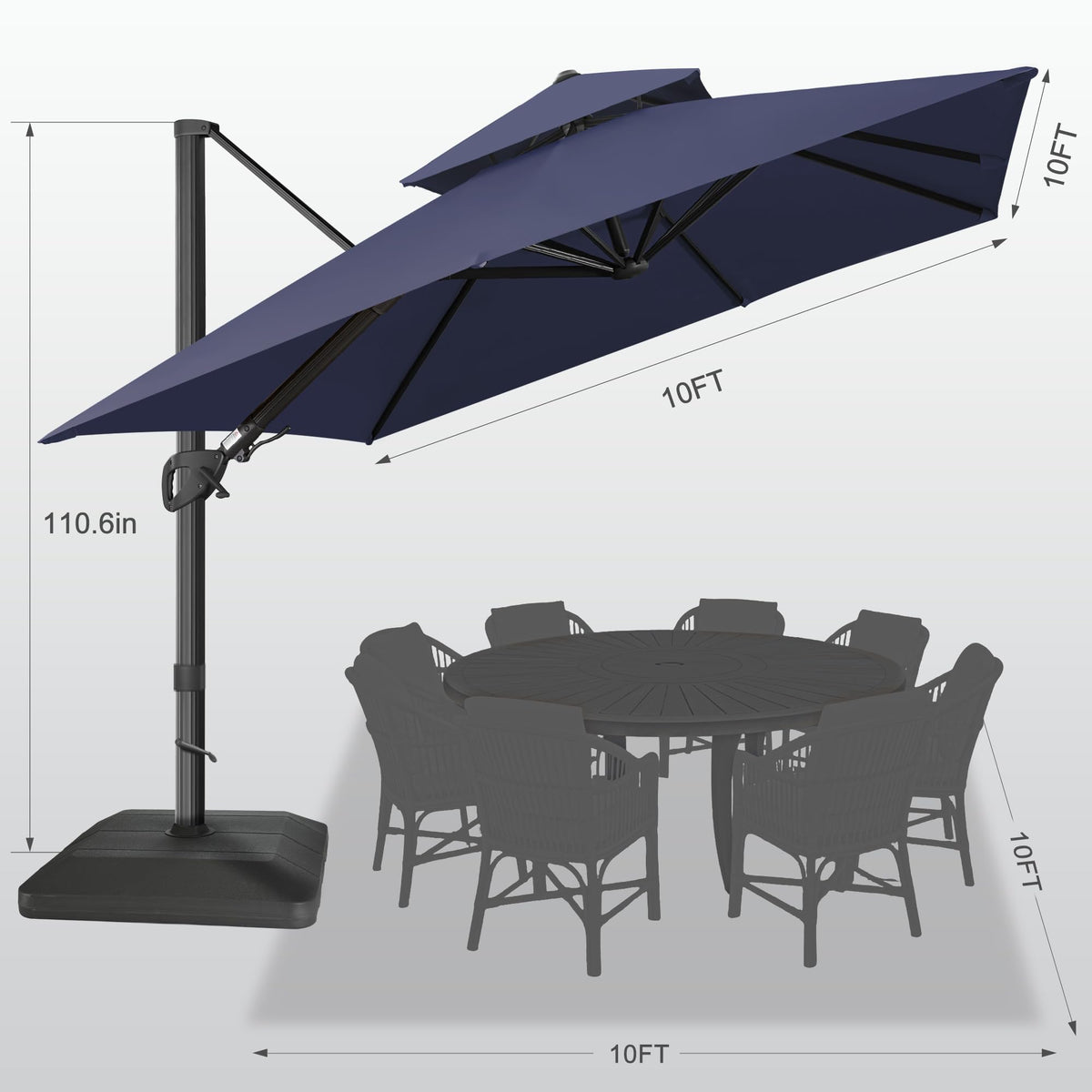 10x10 FT Square Navy Blue Cantilever Patio Umbrella J824639
