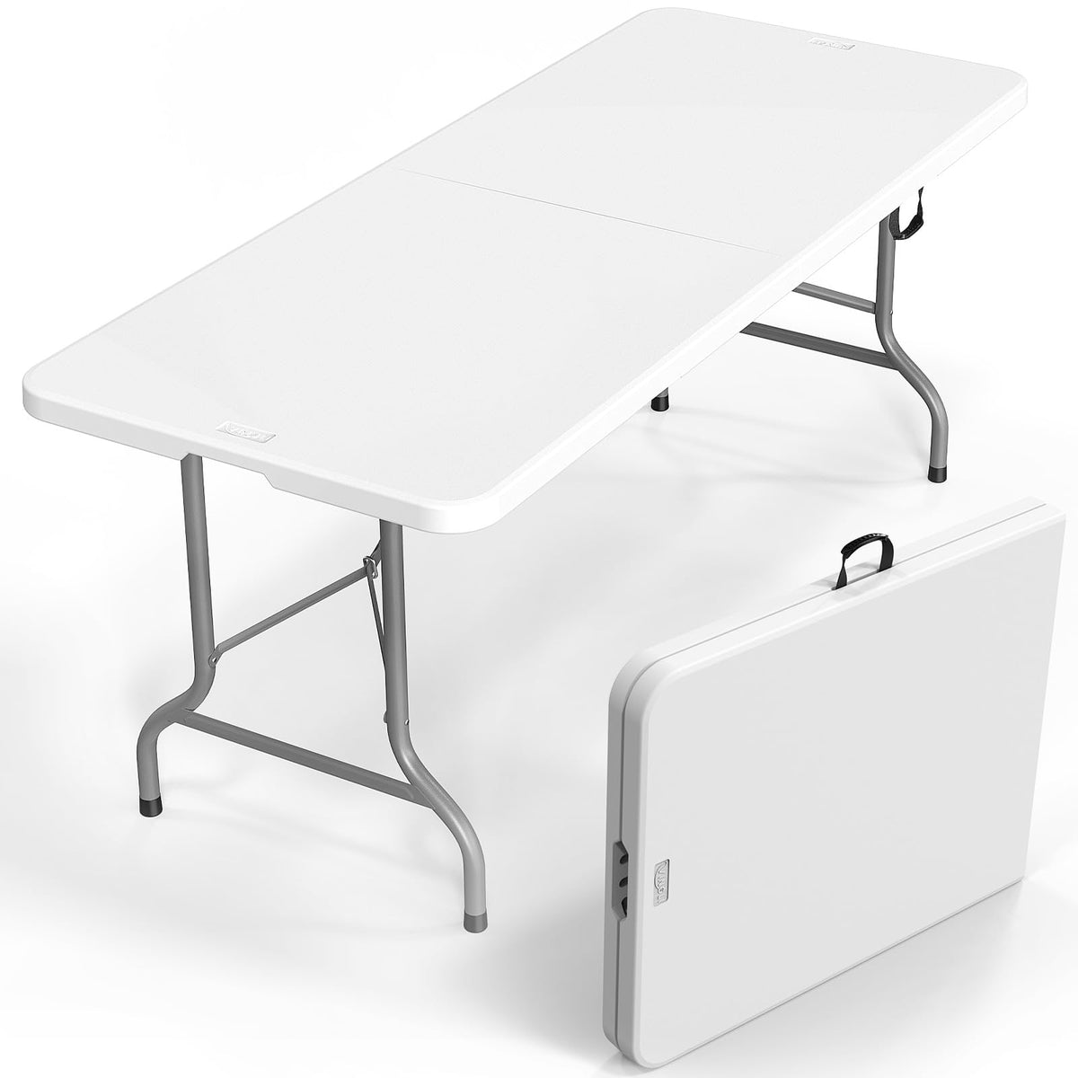 6 Foot White Plastic Folding Table with Carrying Handle D584935