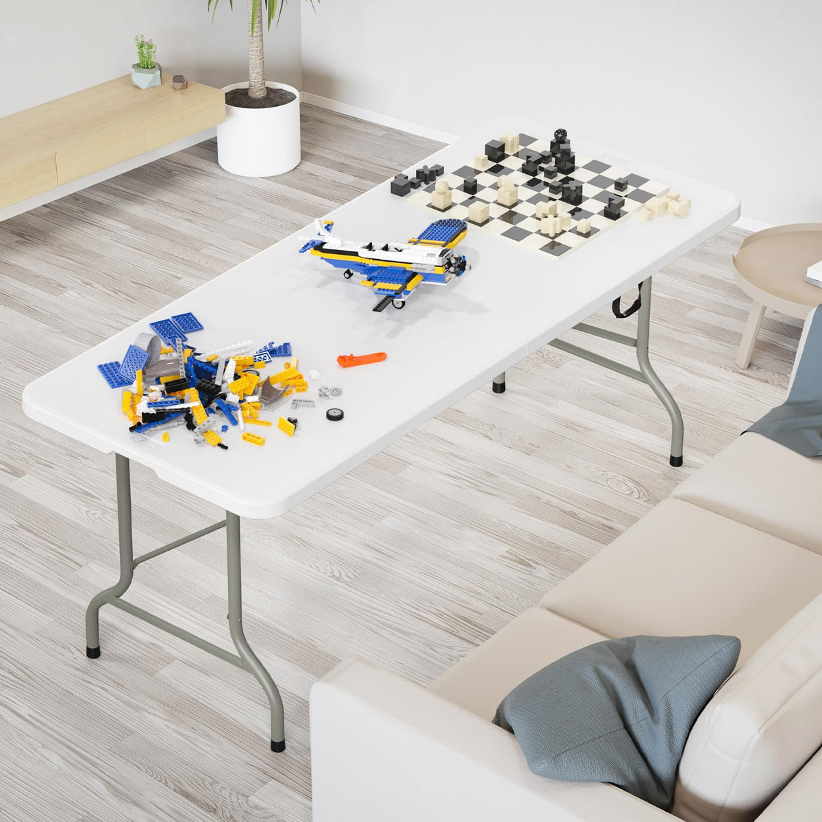 6 Foot White Plastic Folding Table with Carrying Handle D584935