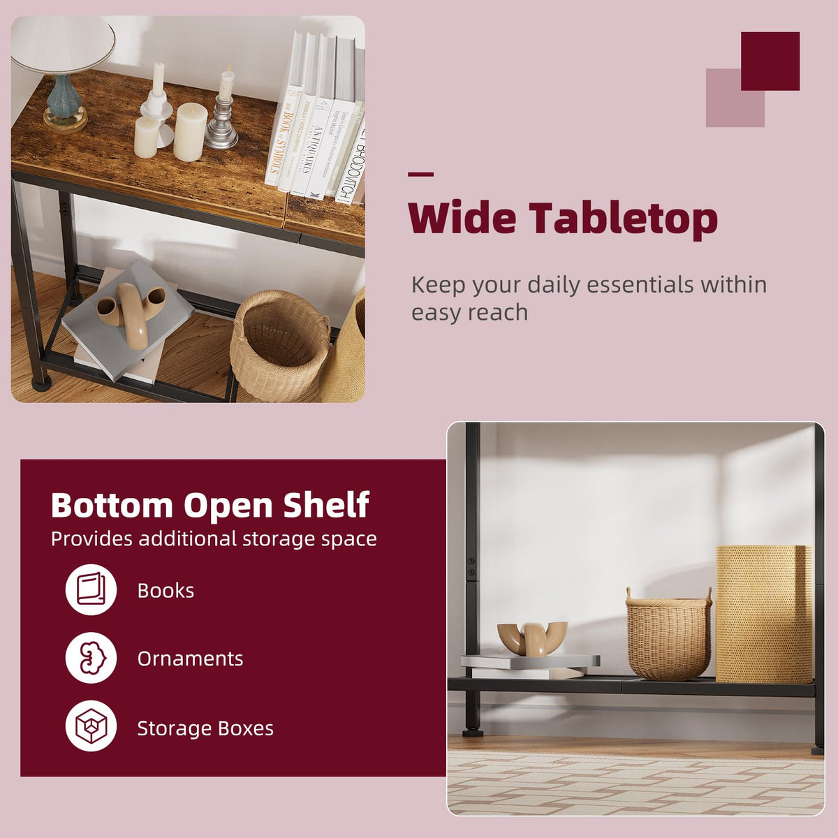Rustic Brown Console Table with Storage Shelf D763