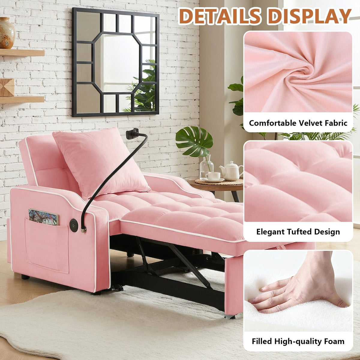 Pink Velvet Sofa Bed J314