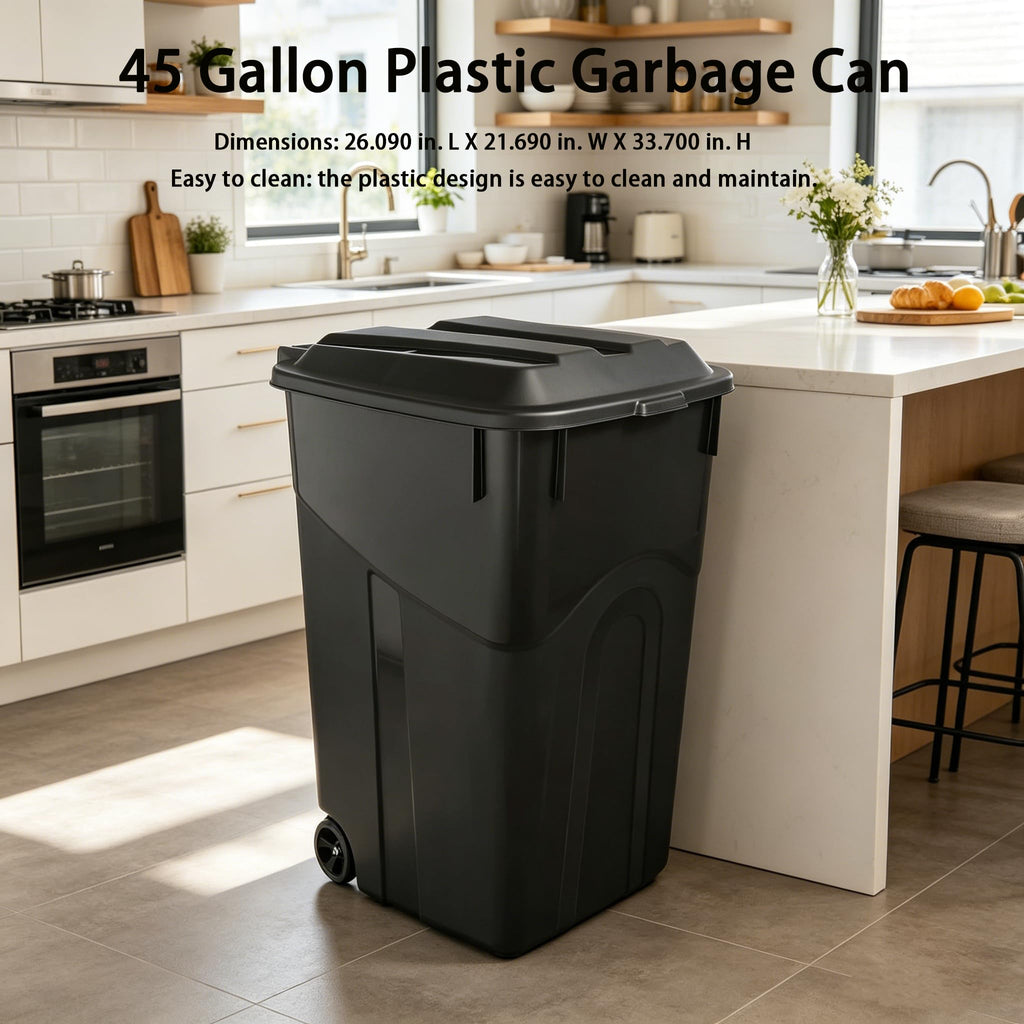 Black 45 Gallon Wheeled Plastic Garbage Can with Lid D60245