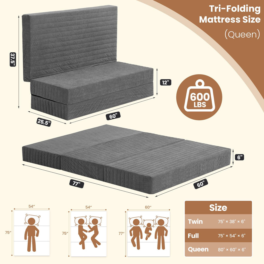 Queen Size Tri-Fold Mattress with Handles & Non-Slip Bottom M122704