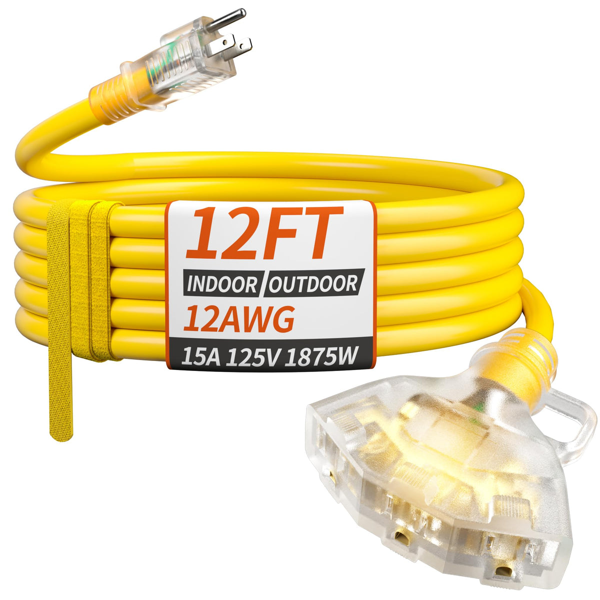 12 FT 12 Gauge Yellow Heavy Duty Outdoor Extension Cord Waterproof S58572