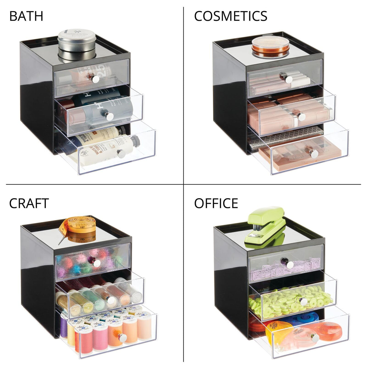 Makeup Organizer Storage Cube with 3 Drawers Black/Clear B3191