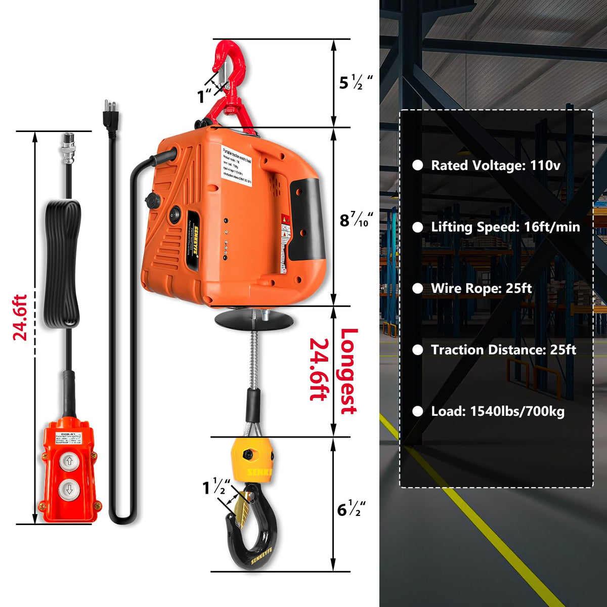 Electric Portable Hoist Winch 1500LBS 110V 25 FT with Lifting Strap P78665