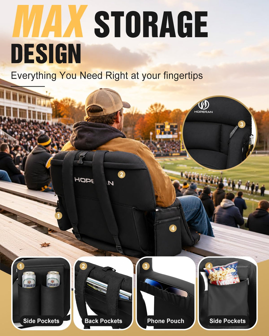 25" Heated Stadium Seats for Bleachers, 4.3" Extra Thick, Black 2PC J17668