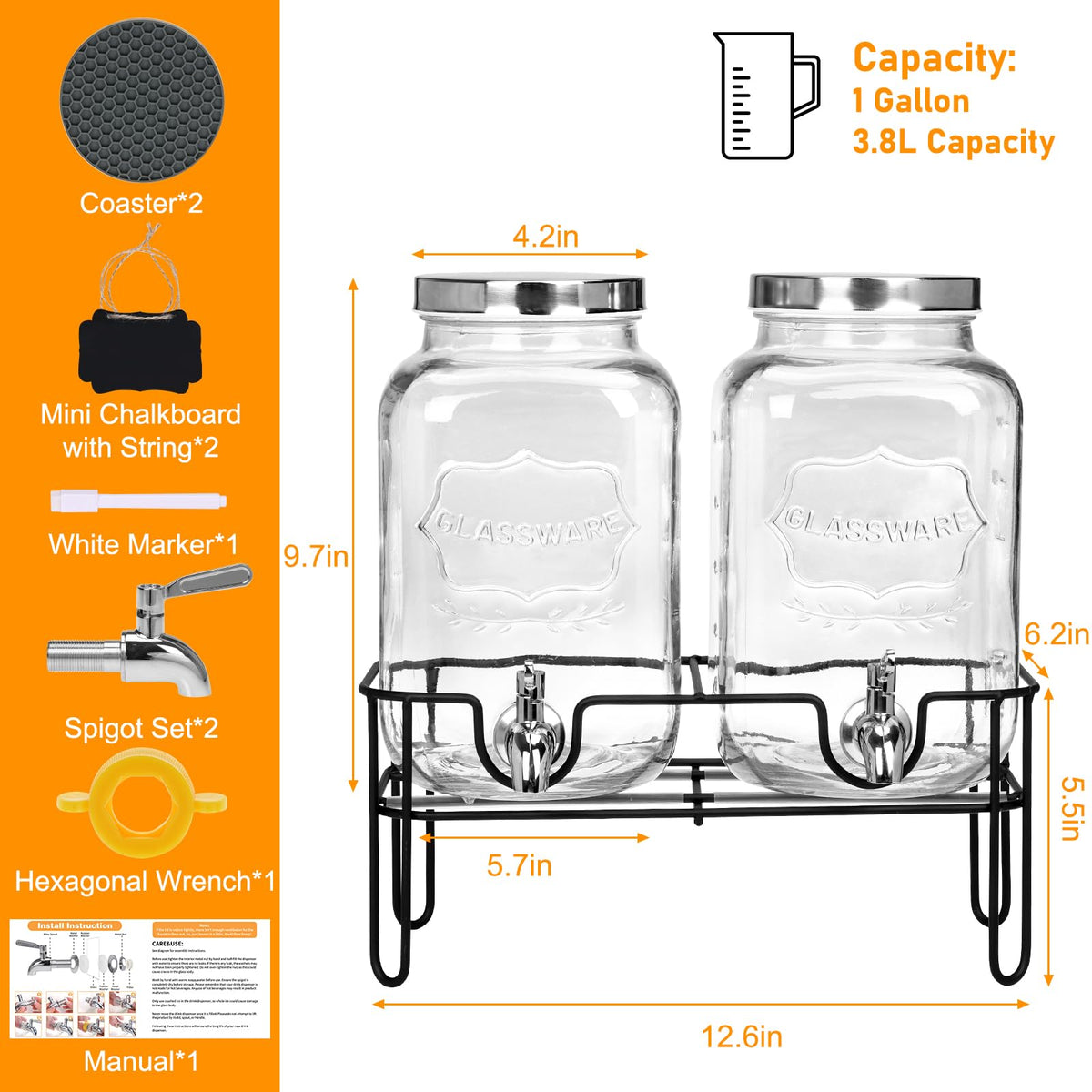 2 Pack 1 Gallon Glass Drink Dispensers with Stand & Spout Z88874