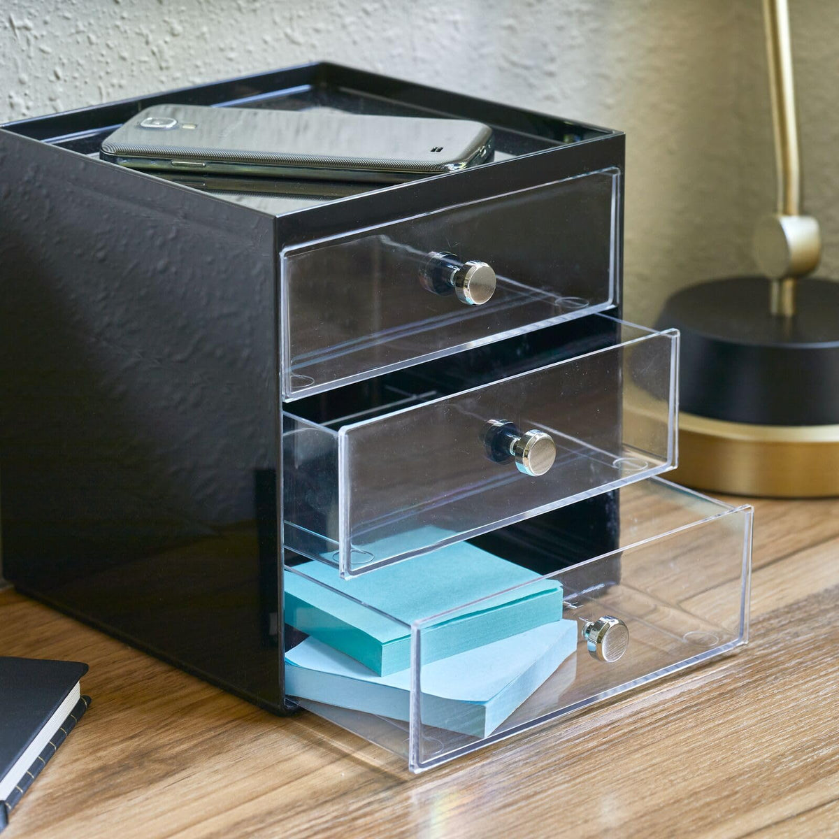 Makeup Organizer Storage Cube with 3 Drawers Black/Clear B3191