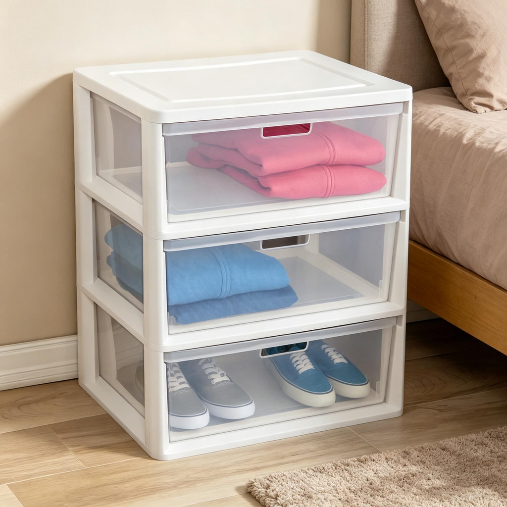 White 3-Drawer Plastic Storage Tower with Clear Bins V30914