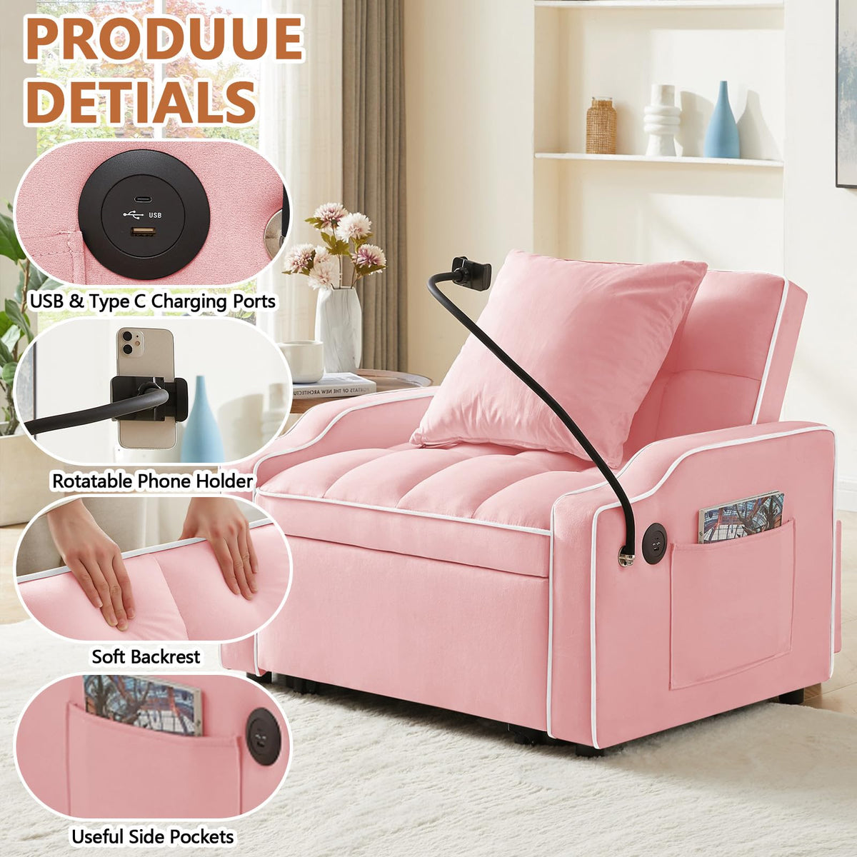 Pink Velvet Sofa Bed J314