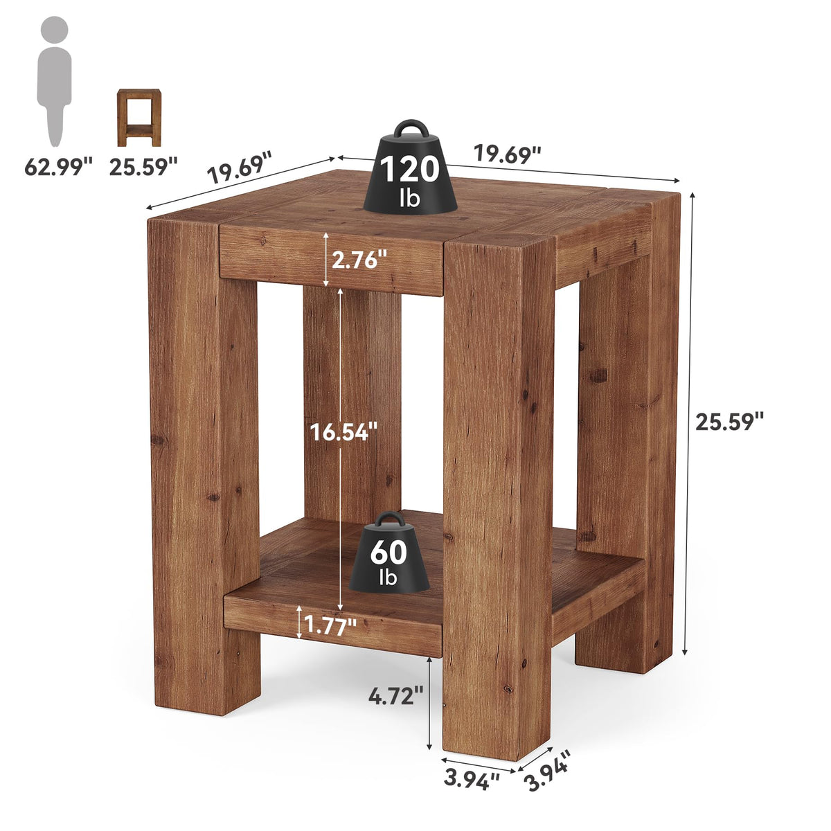Solid Wood 2-Tier Side Table Set of 2 with Storage Shelves W3488