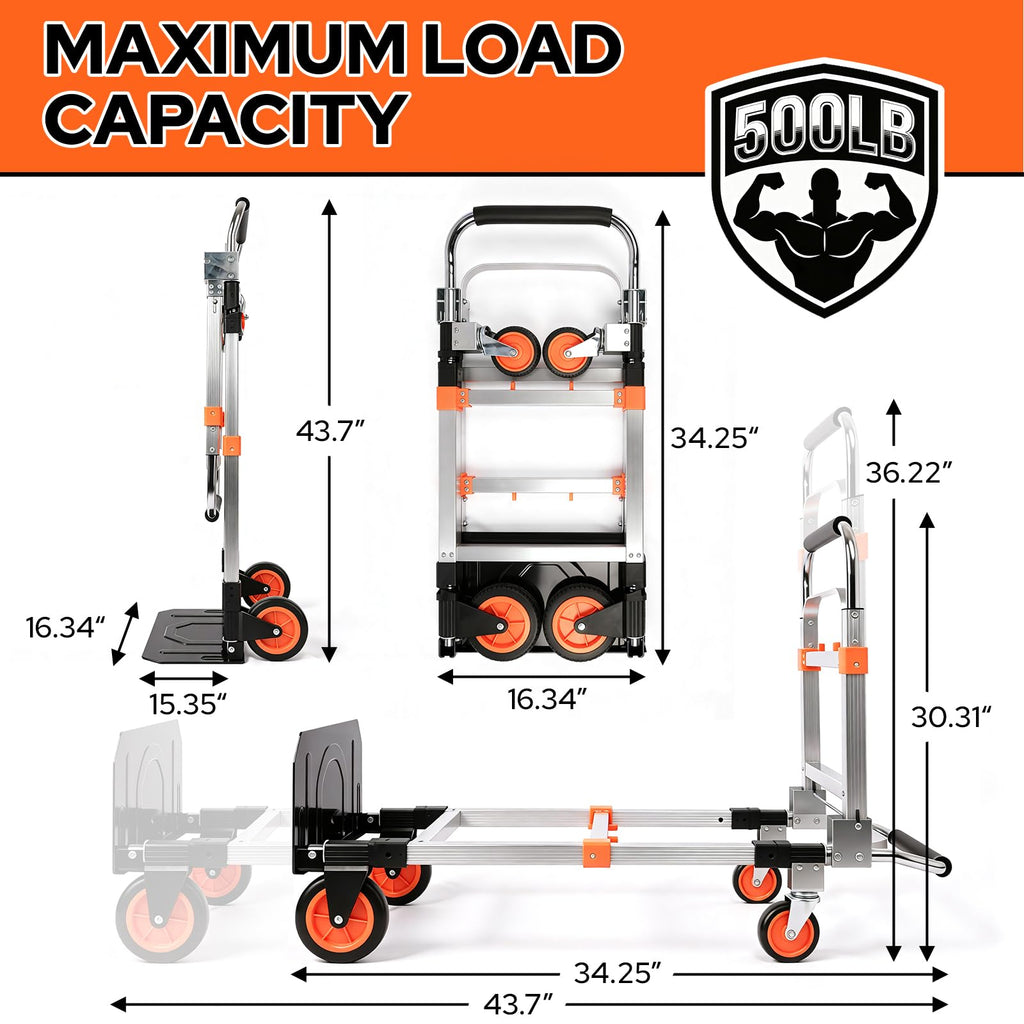 Folding Hand Truck Dolly Cart with Wheels, 500lb Load, Silver Orange Z391