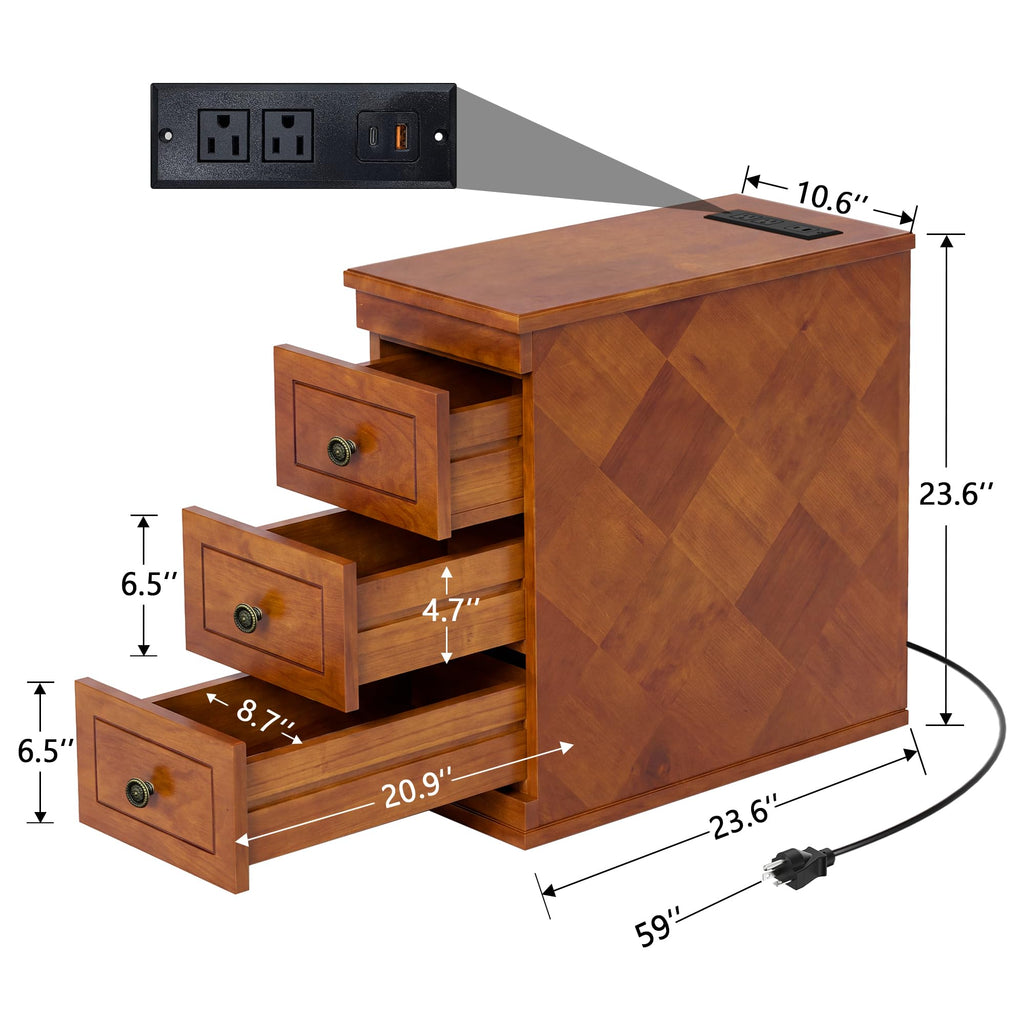 Solid Wood Narrow End Table with Charging Station Set of 2 C701