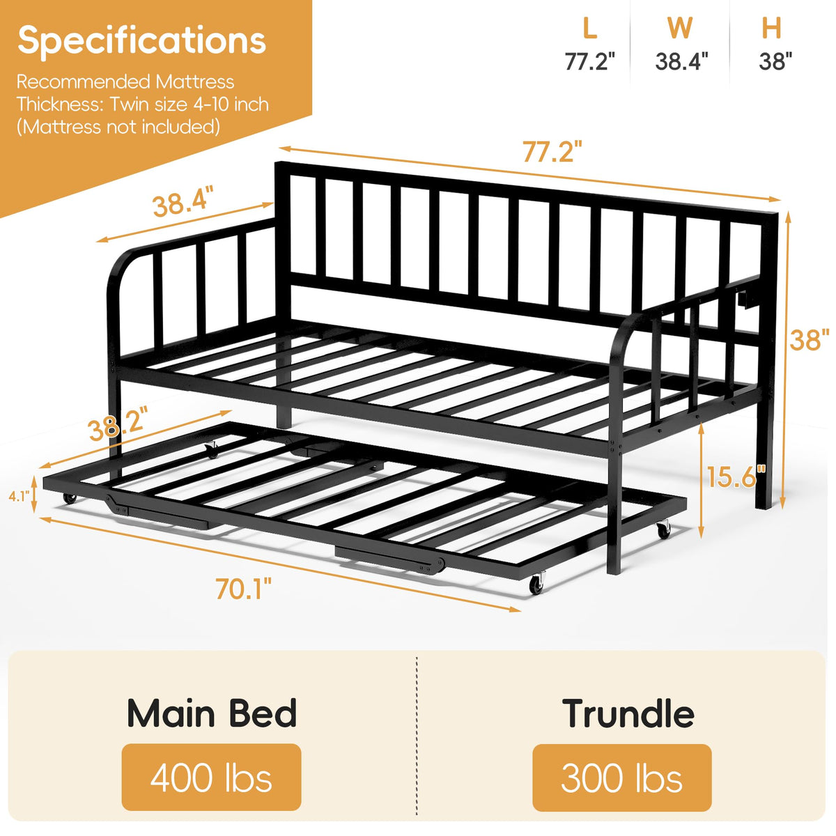 Black Twin to King Metal Daybed with Pop Up Trundle F7995