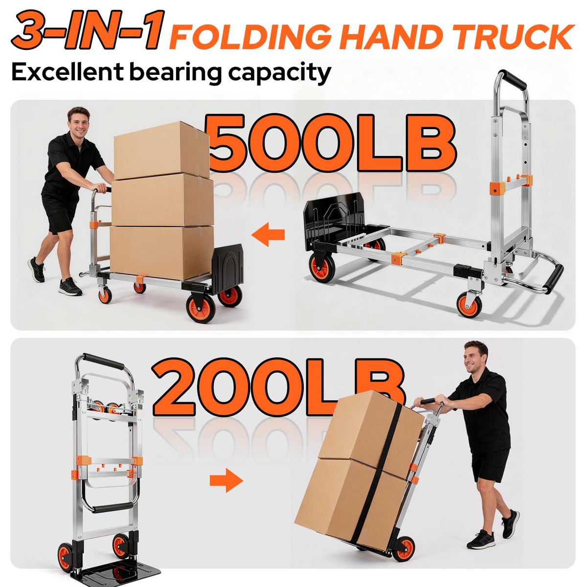 Folding Hand Truck Dolly Cart with Wheels, 500lb Load, Silver Orange Z391