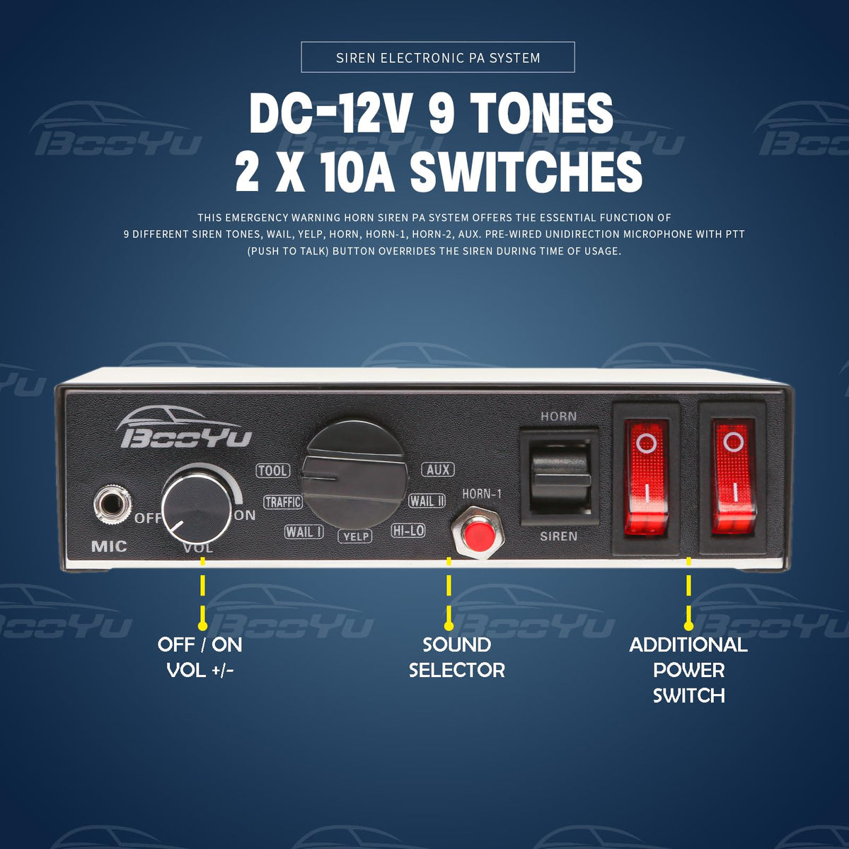 12V 200W 9Tone Slim Speaker Horn Alarm PA System Emergency Siren X7430