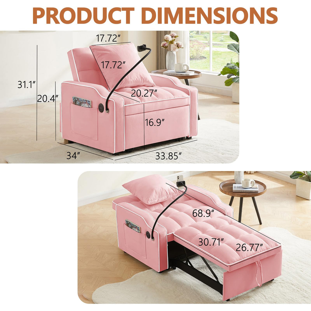 Pink Velvet Sofa Bed J314