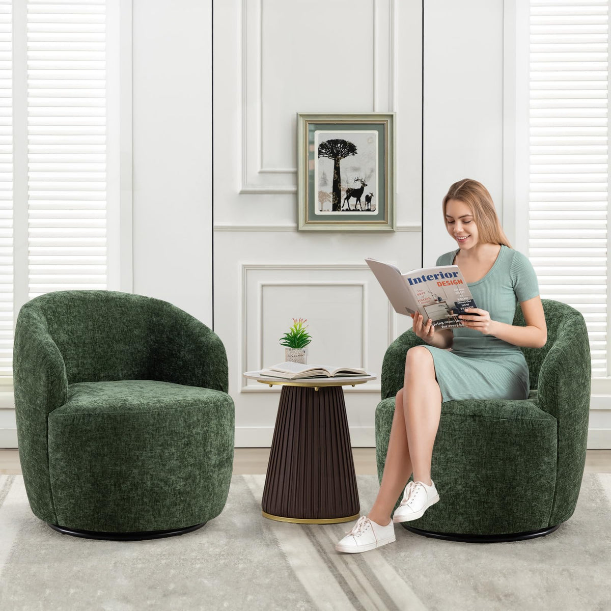 Green Chenille Swivel Barrel Chair O566
