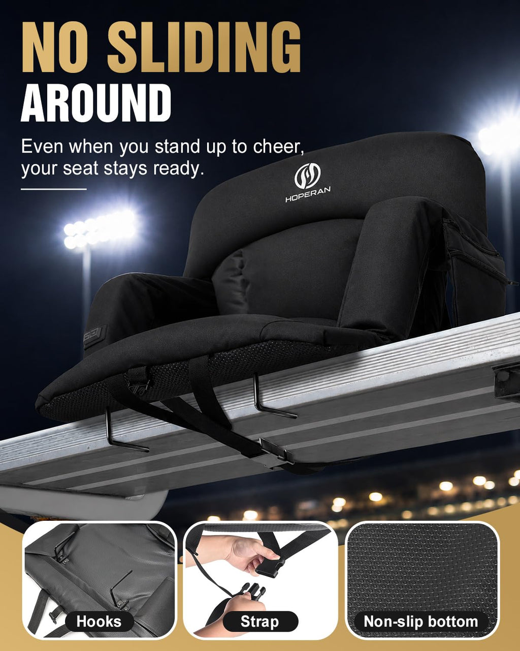 25" Heated Stadium Seats for Bleachers, 4.3" Extra Thick, Black 2PC J17668