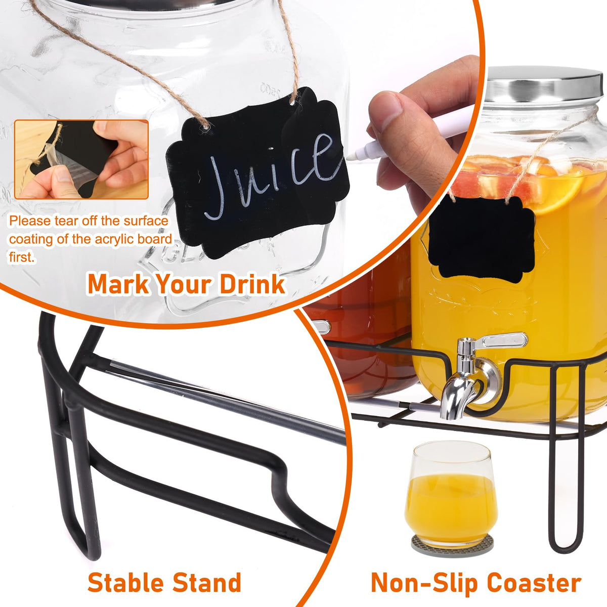 2 Pack 1 Gallon Glass Drink Dispensers with Stand & Spout Z88874