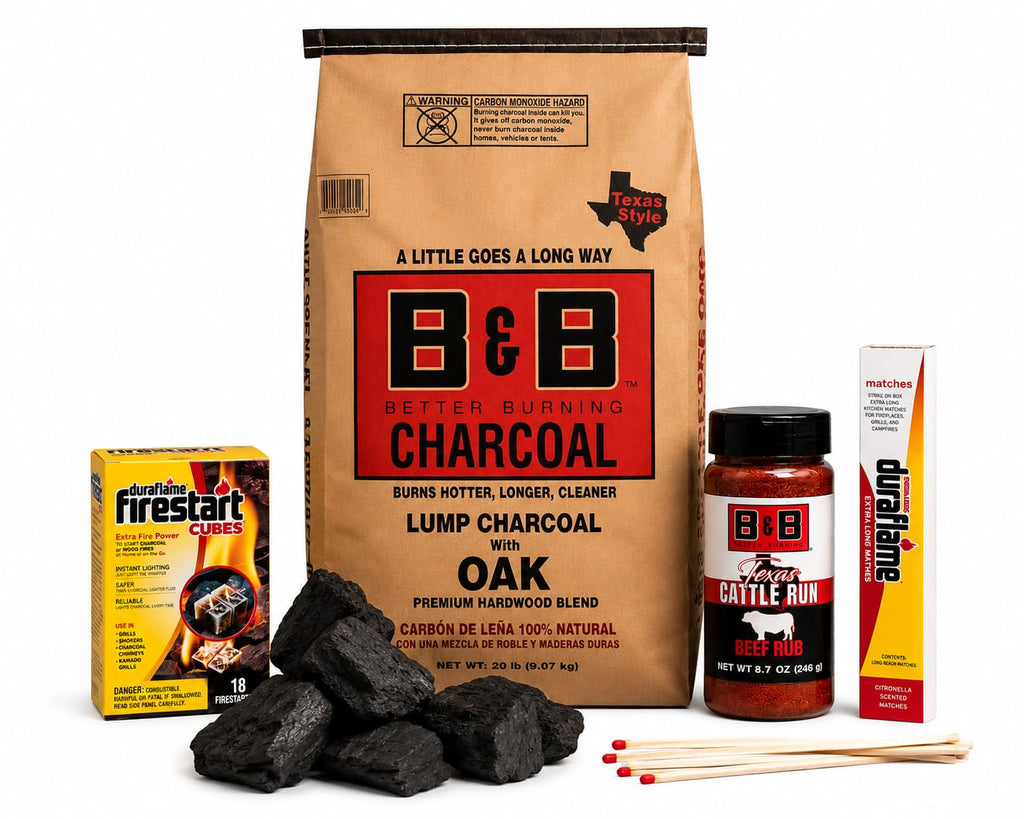 20 lb Oak Lump Charcoal BBQ Bundle with Firestart Cubes, Beef Rub & Grill Matches V985