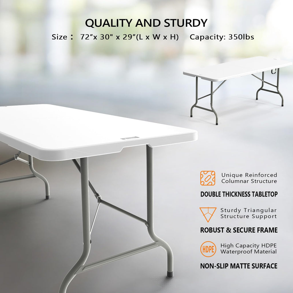 6 Foot White Plastic Folding Table with Carrying Handle D584935