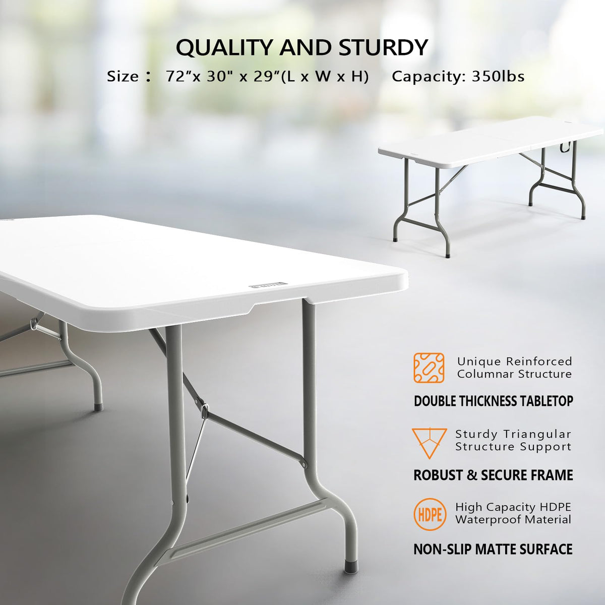 6 Foot White Plastic Folding Table with Carrying Handle D584935