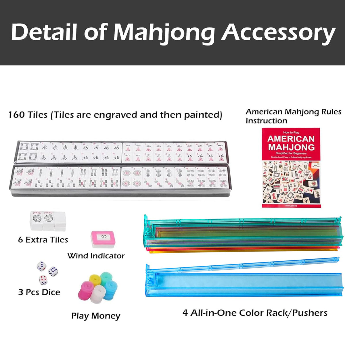 American Mahjong Game Set, 166 White Tiles, 4 Color Rack/Pushers, Blue Carrying Bag U7019