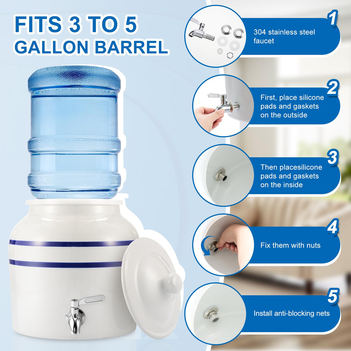 Ceramic Water Dispenser with 304 Stainless Steel Faucet and Lid T15846