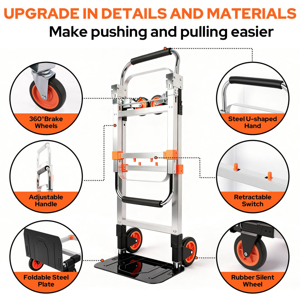 Folding Hand Truck Dolly Cart with Wheels, 500lb Load, Silver Orange Z391