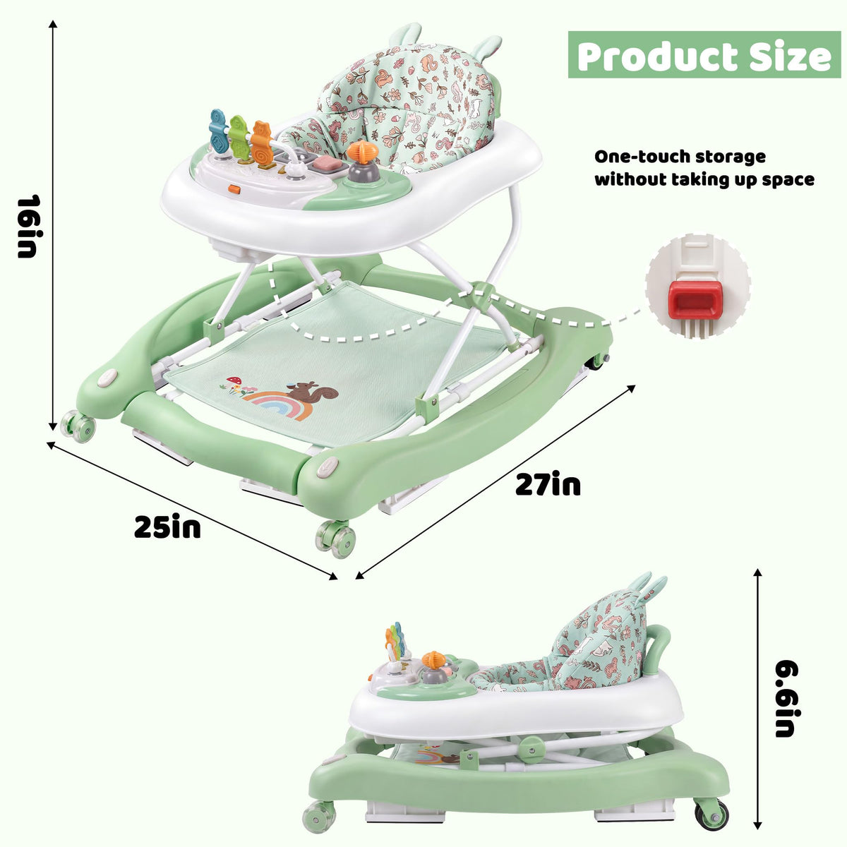 Foldable Baby Walker with Wheels, Music and Lights (Green) W370333