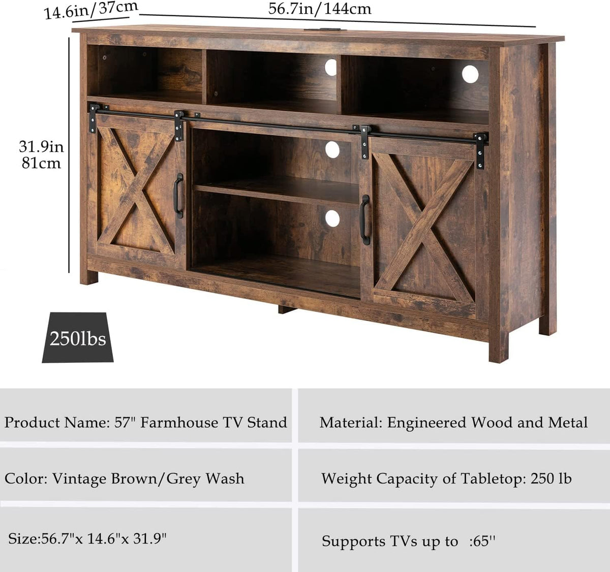 57In Wooden Farmhouse TV Stand with Sliding Barn Door A27864