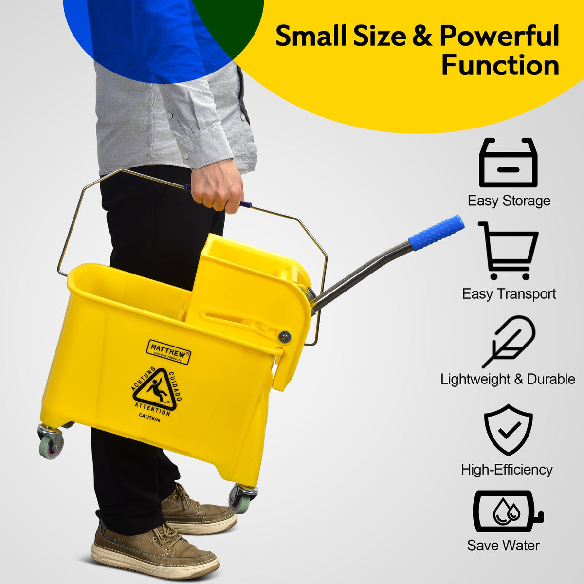 22 Quart Compact Mop Bucket with Side Press Wringer On Wheels S80828
