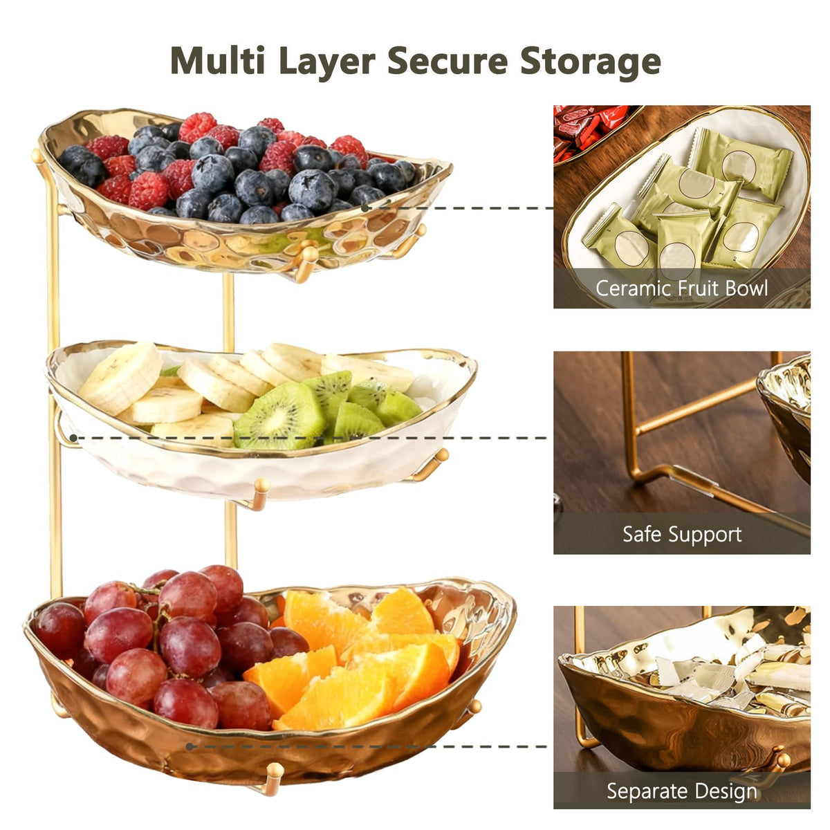 3 Tier Ceramic Fruit Bowl with Metal Stand B971005