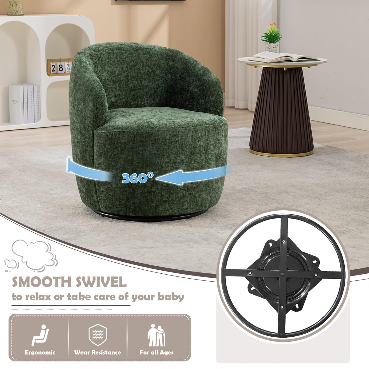 Green Chenille Swivel Barrel Chair O566