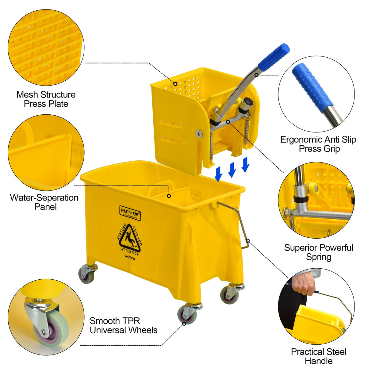 22 Quart Compact Mop Bucket with Side Press Wringer On Wheels S80828