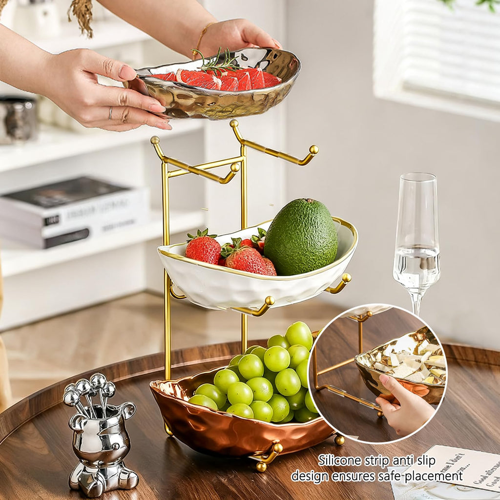 3 Tier Ceramic Fruit Bowl with Metal Stand B971005