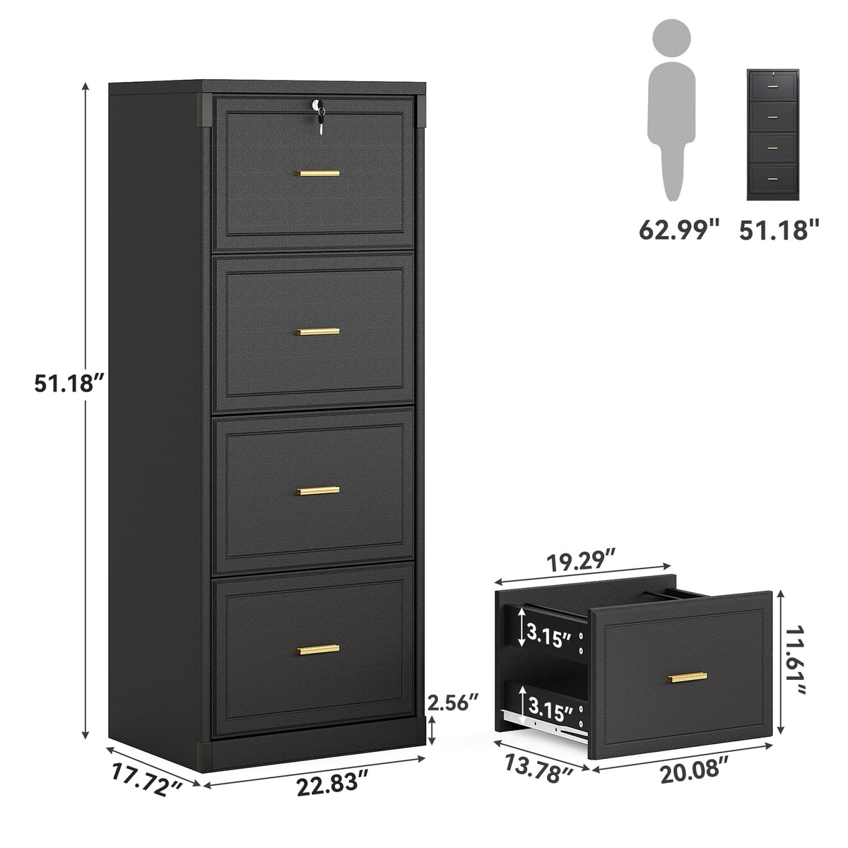 4 Drawer Black MDF File Cabinet with Lock B244