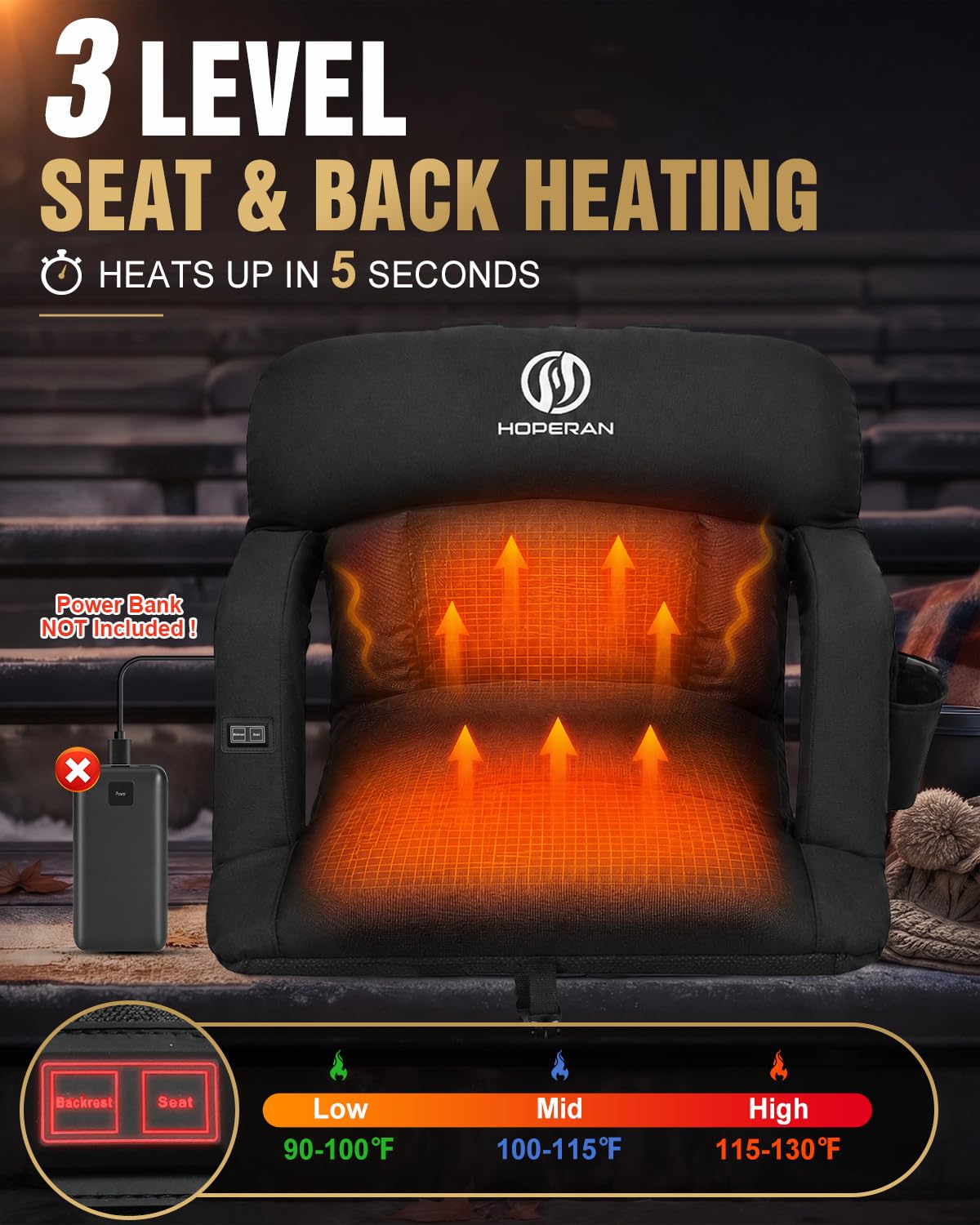 25" Heated Stadium Seats for Bleachers, 4.3" Extra Thick, Black 2PC J17668