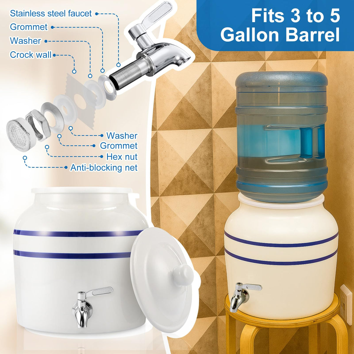 Ceramic Water Dispenser with 304 Stainless Steel Faucet and Lid T15846