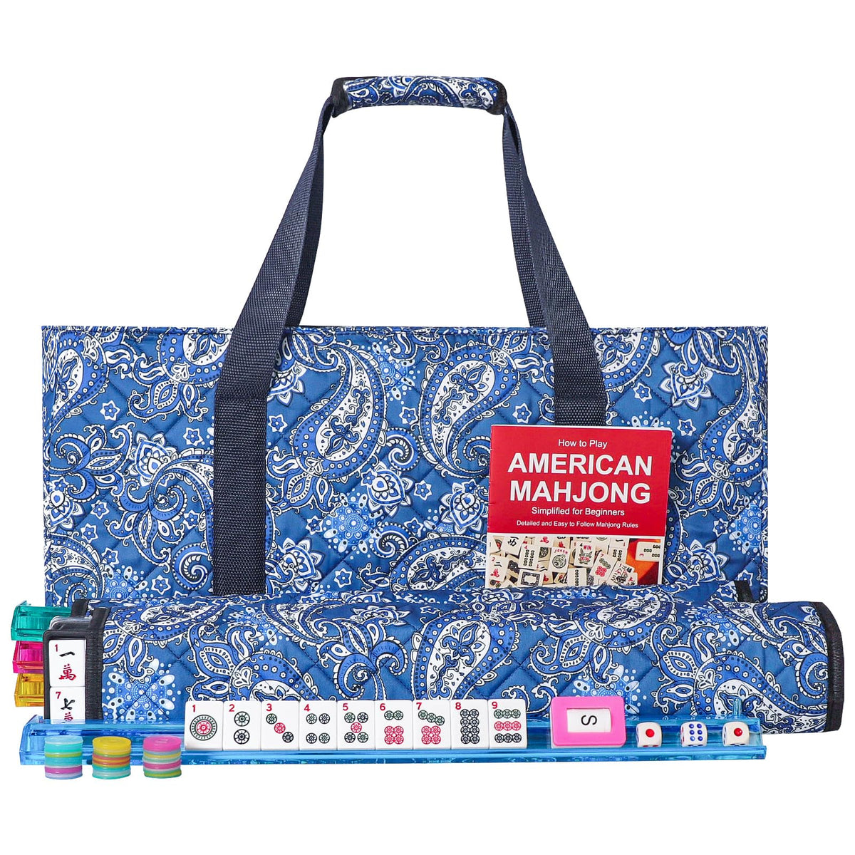 American Mahjong Game Set, 166 White Tiles, 4 Color Rack/Pushers, Blue Carrying Bag U7019