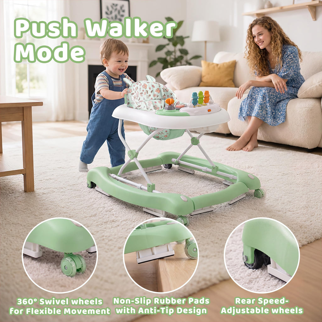 Foldable Baby Walker with Wheels, Music and Lights (Green) W370333