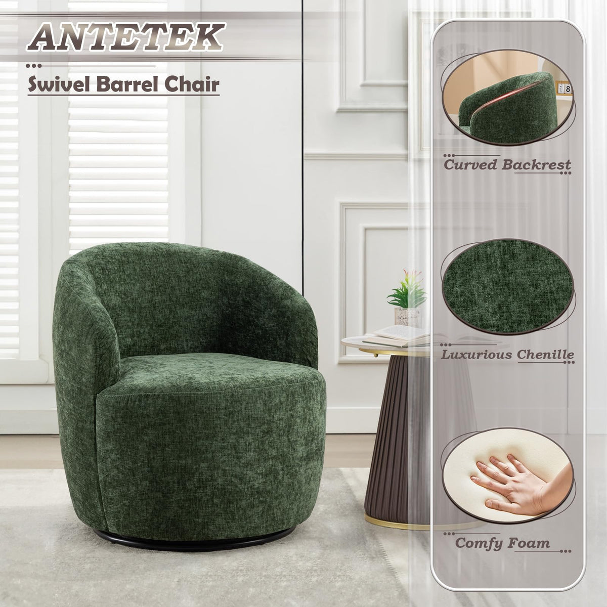 Green Chenille Swivel Barrel Chair O566