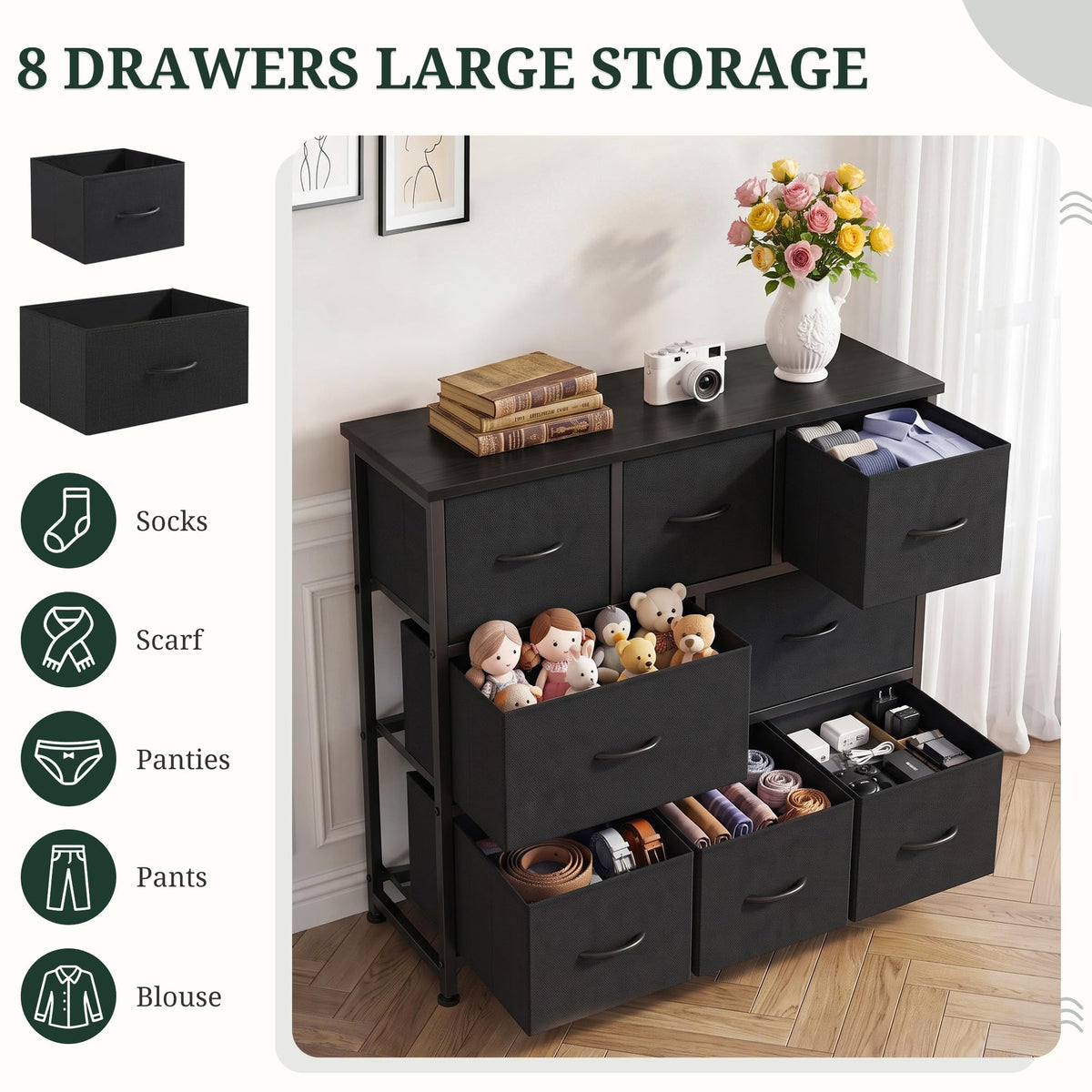 8 Drawer Fabric Dresser with Wood Top A649