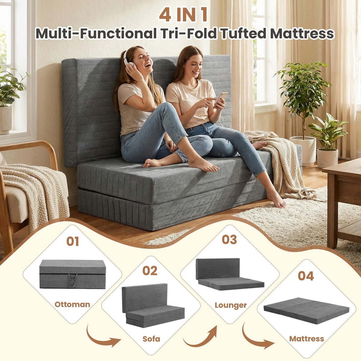 Queen Size Tri-Fold Mattress with Handles & Non-Slip Bottom M122704