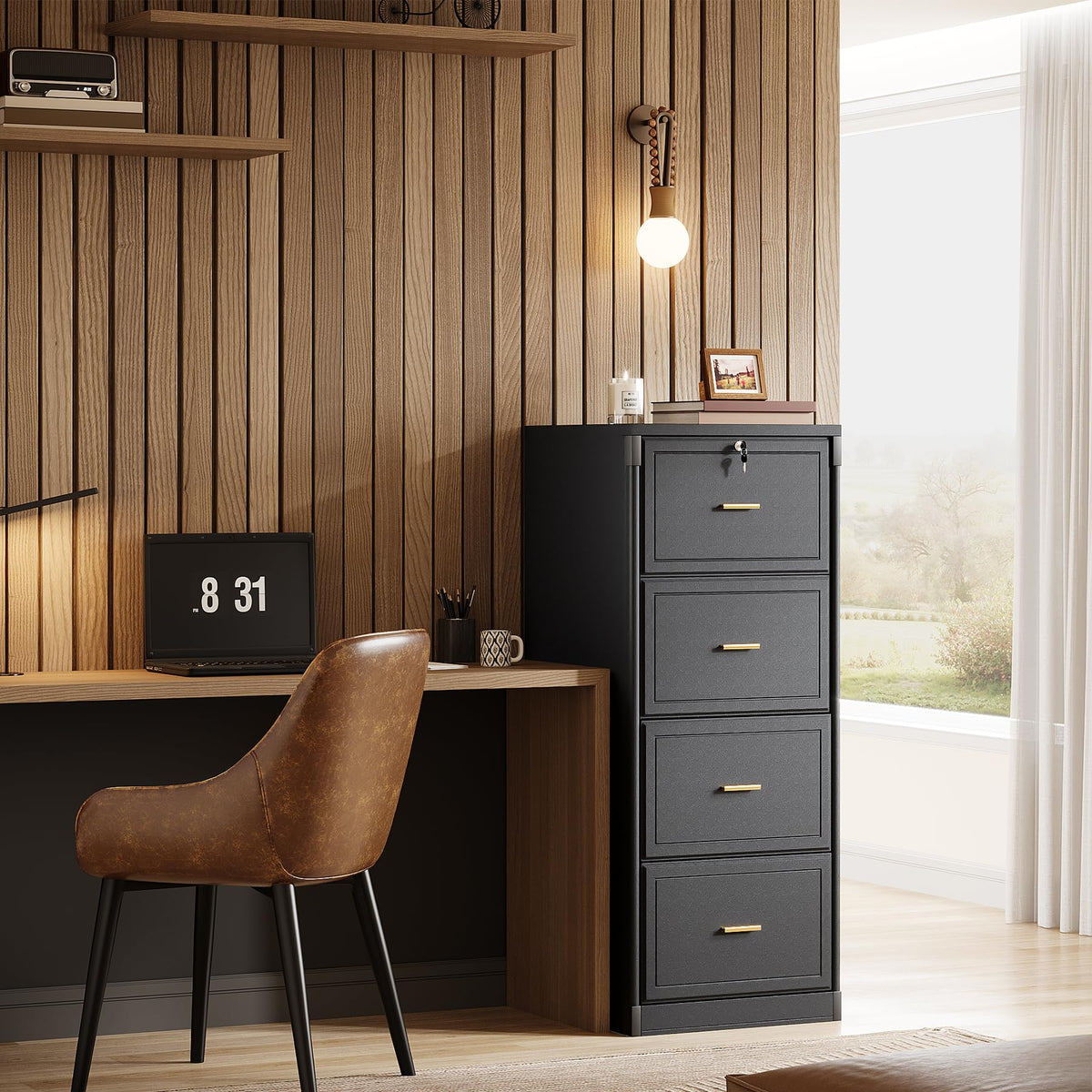 4 Drawer Black MDF File Cabinet with Lock B244