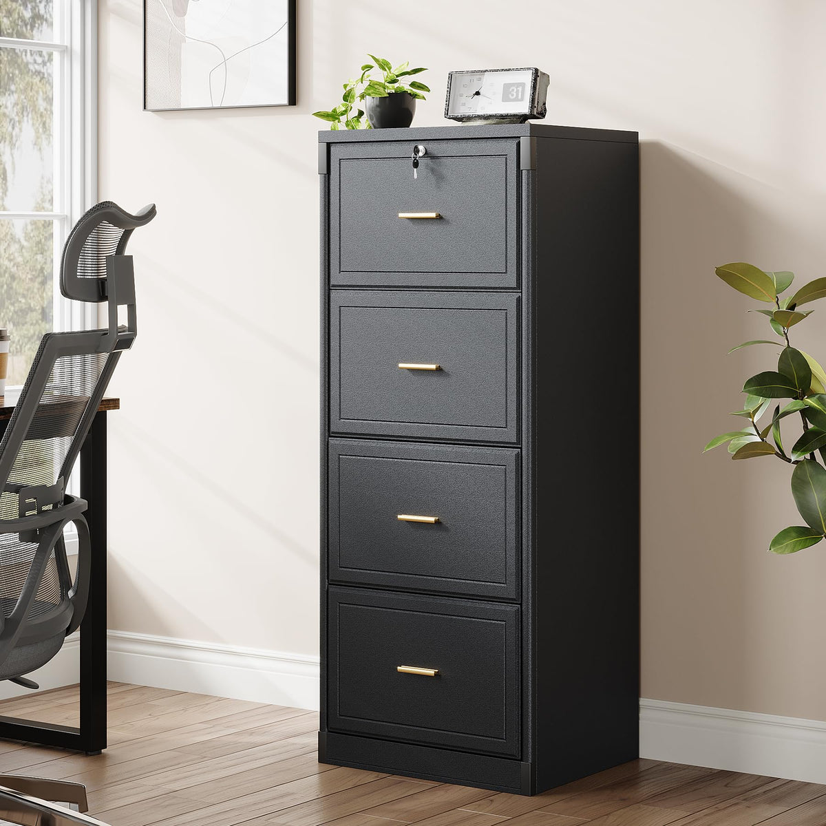 4 Drawer Black MDF File Cabinet with Lock B244